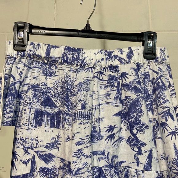 Joie Women Midi Skirt Blue White Floral 100% Linen Elastic Back Pull on Tropical - Picture 6 of 6